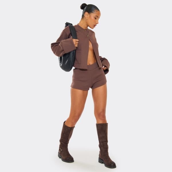 EGO Low Rise Mini Shorts In Chocolate Ribbed, Women's Size UK 6 - 2