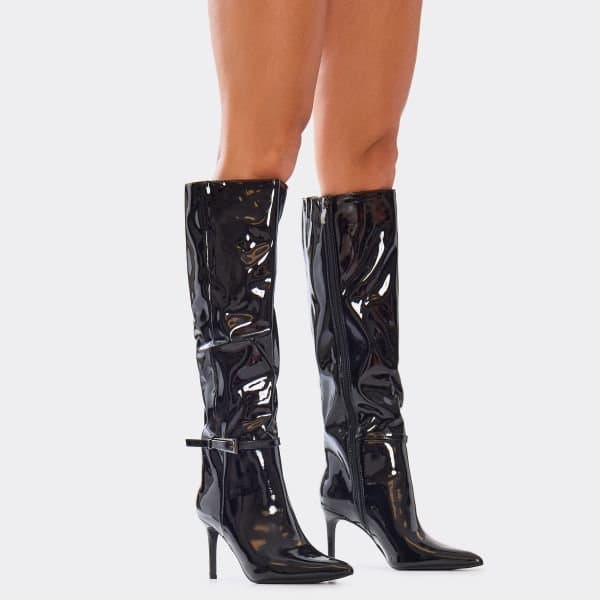 EGO Ryar Buckle Detail Pointed Toe Stiletto Heel Knee High Boot In Black Patent, Women's Size UK 3