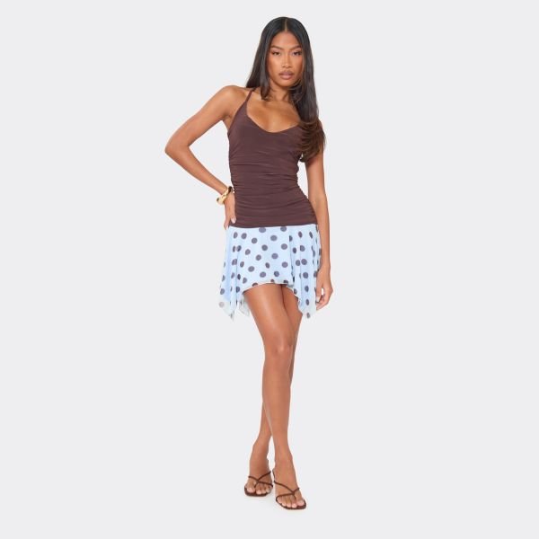 EGO Strappy Polka Dot Hem Detail Mini Dress In Brown, Women's Size UK 6 - 2