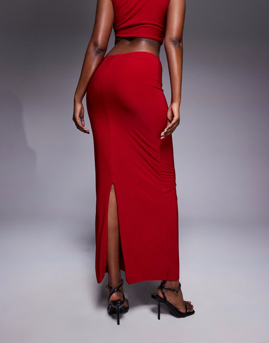 ASOS Missyempire double layered slinky high waisted maxi skirt co-ord in red - 3