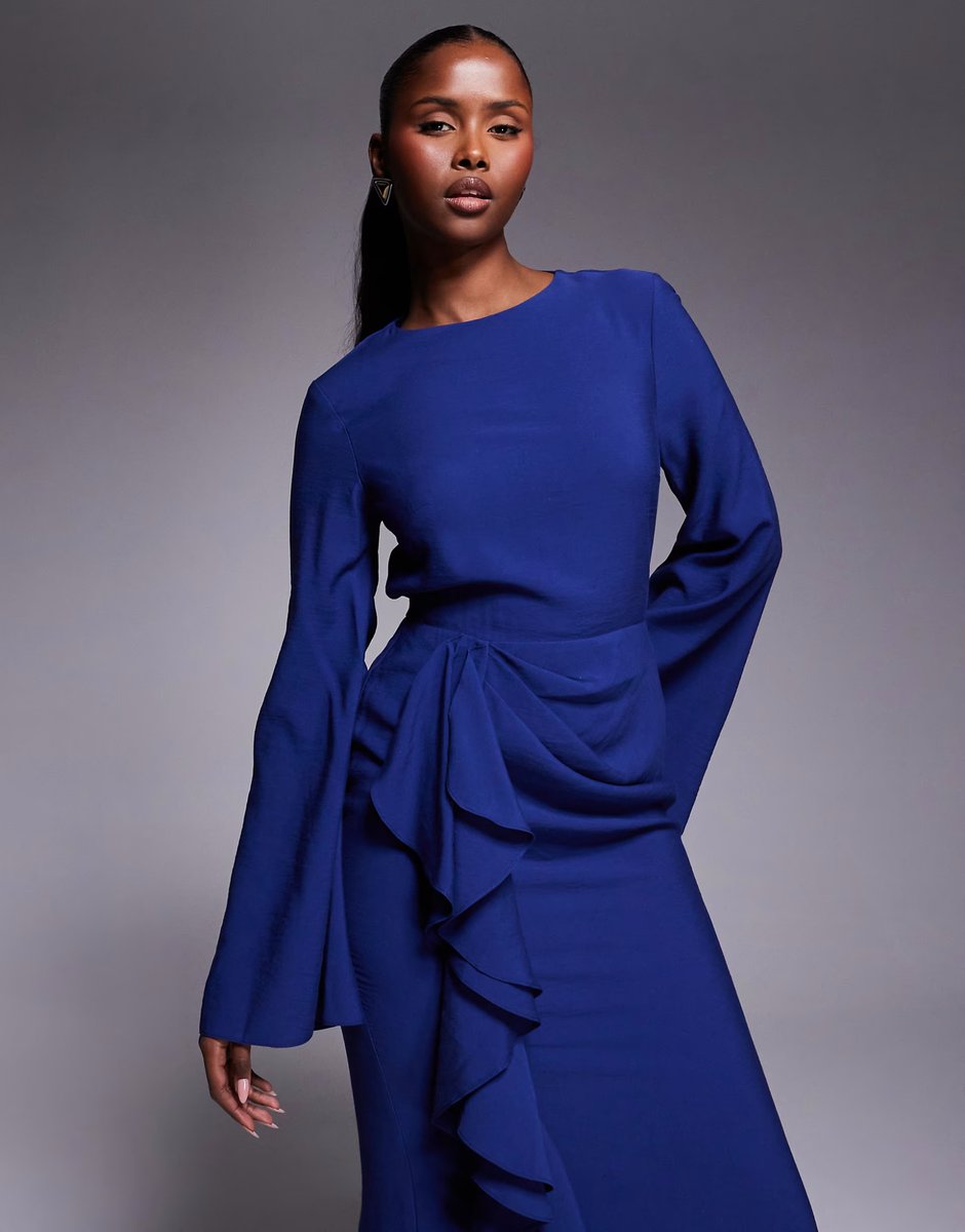 ASOS ASOS DESIGN long sleeve maxi dress with ruffle skirt in navy - 4