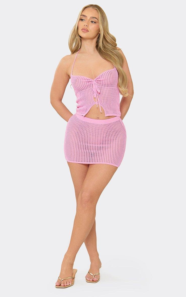 EGO Low Rise Mini Skirt In Pink Crochet Knit, Women's Size UK L - 2