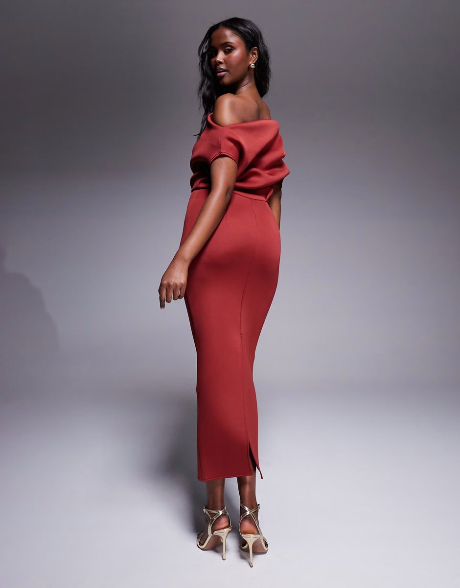 ASOS ASOS DESIGN dramatic neckline  midi dress in red in scuba-style fabric - 3