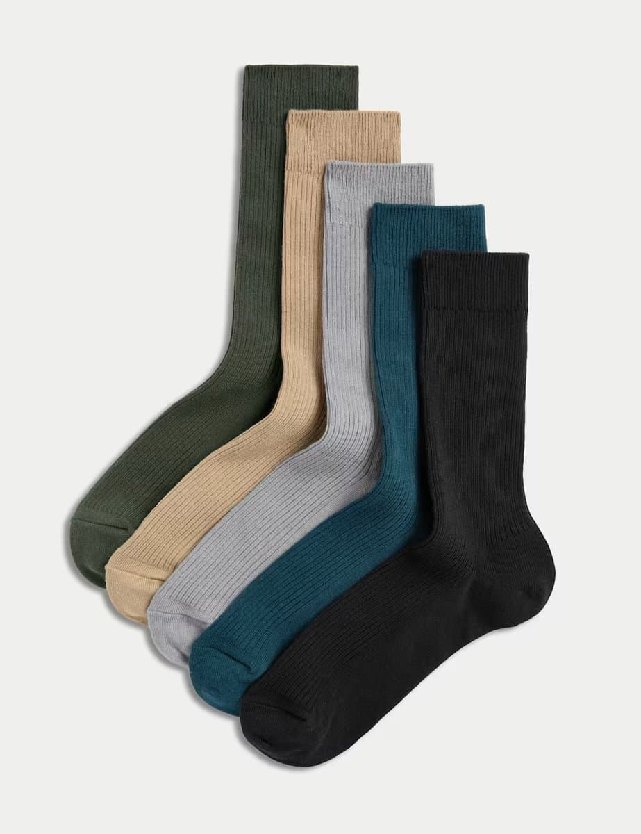 Marks & Spencer M&S 5 Pack Cotton Rich Ribbed Socks Red Mix