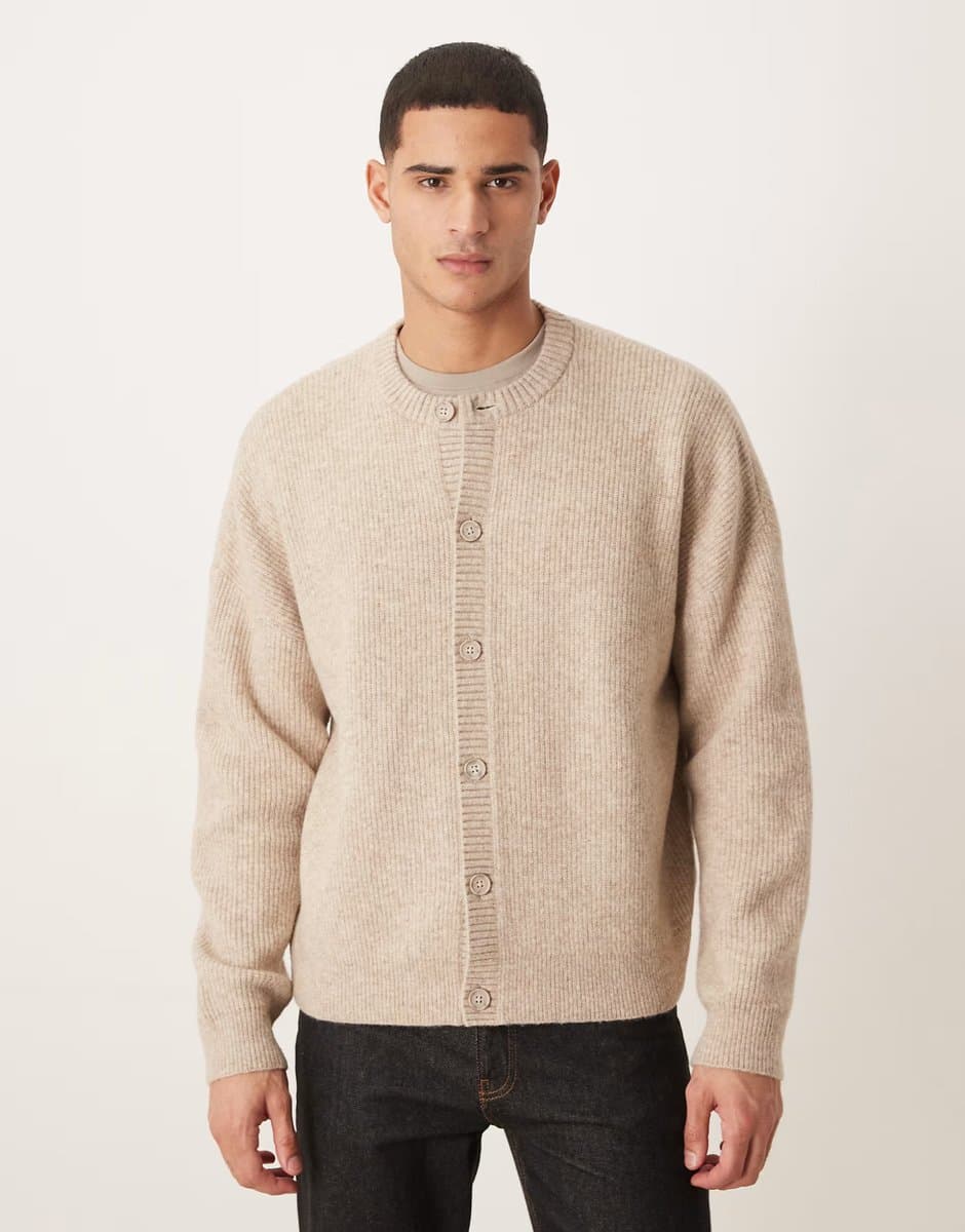 ASOS ASOS DESIGN oversized knitted fisherman rib wool blend crew neck cardigan in oatmeal
