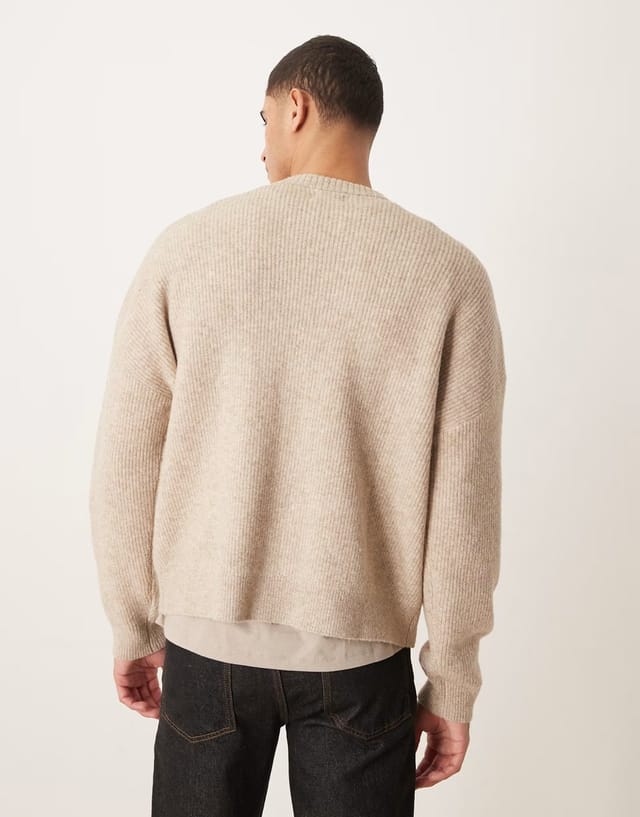 ASOS ASOS DESIGN oversized knitted fisherman rib wool blend crew neck cardigan in oatmeal - 3