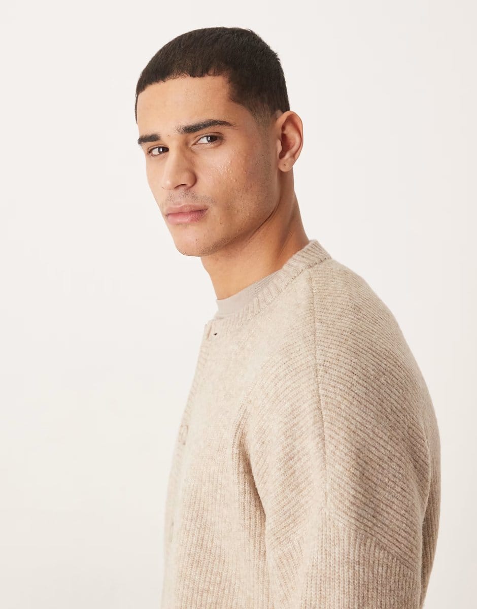 ASOS ASOS DESIGN oversized knitted fisherman rib wool blend crew neck cardigan in oatmeal - 4