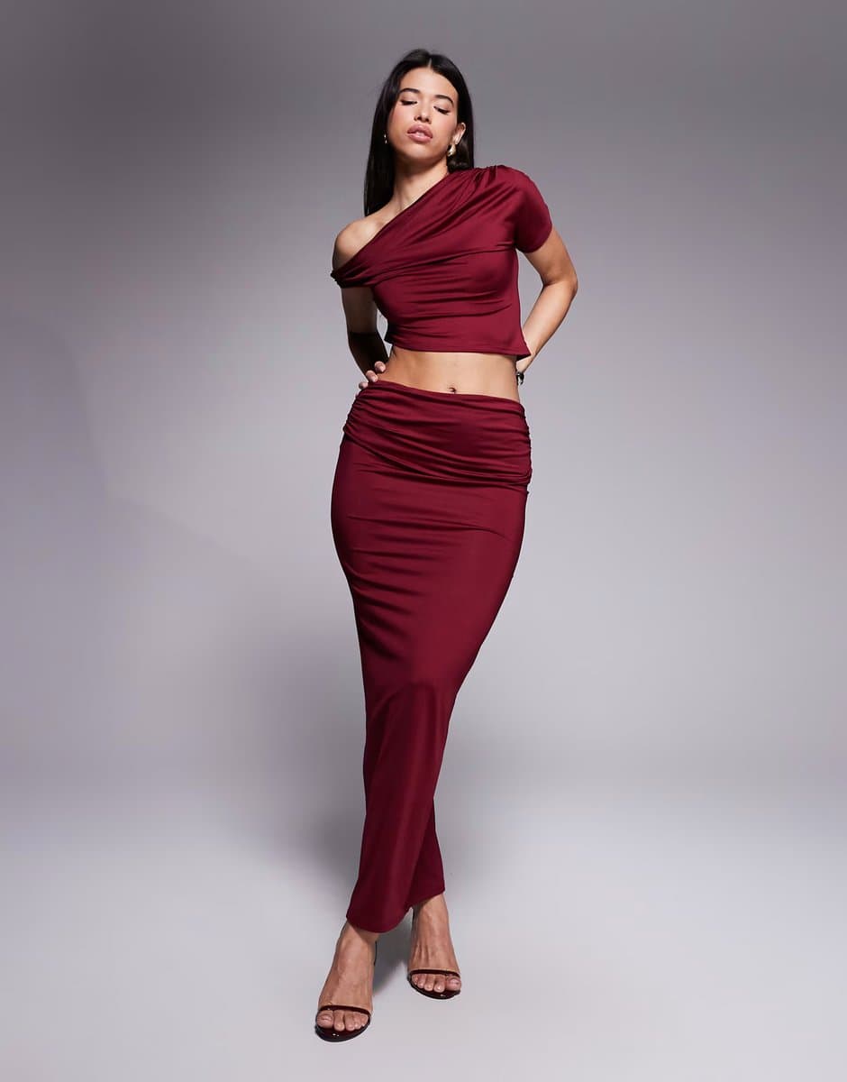 ASOS The Frolic exclusive double sculpted slinky drape ruched front detail maxi skirt co-ord in burgundy
