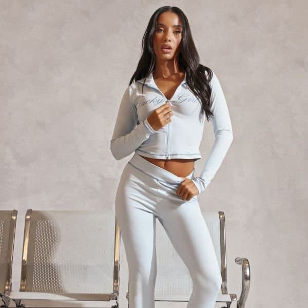 EGO EGO Low Rise Graphic Detail Flared Leg Trousers in Blue