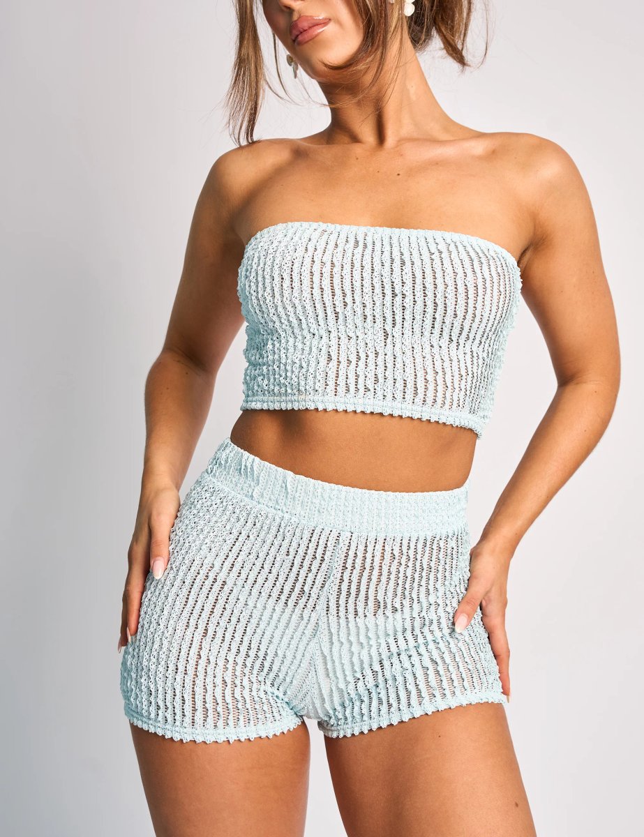 Public Desire Textured High Waisted Micro Shorts Co Ord Blue - 4