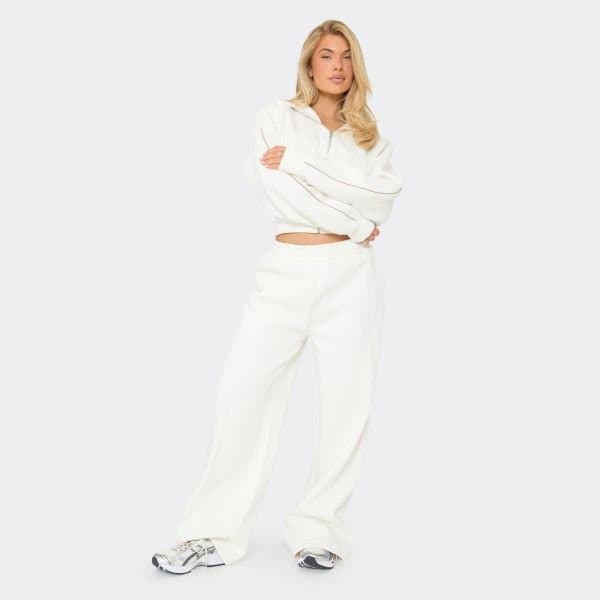 EGO Low Rise Contrast Piping Wide Leg Joggers In Cream, Women's Size UK 6