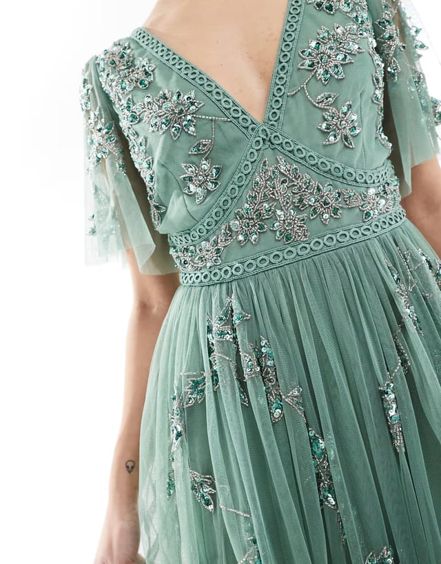 ASOS Maya Embellished short sleeve midi dress in dark sage - 3