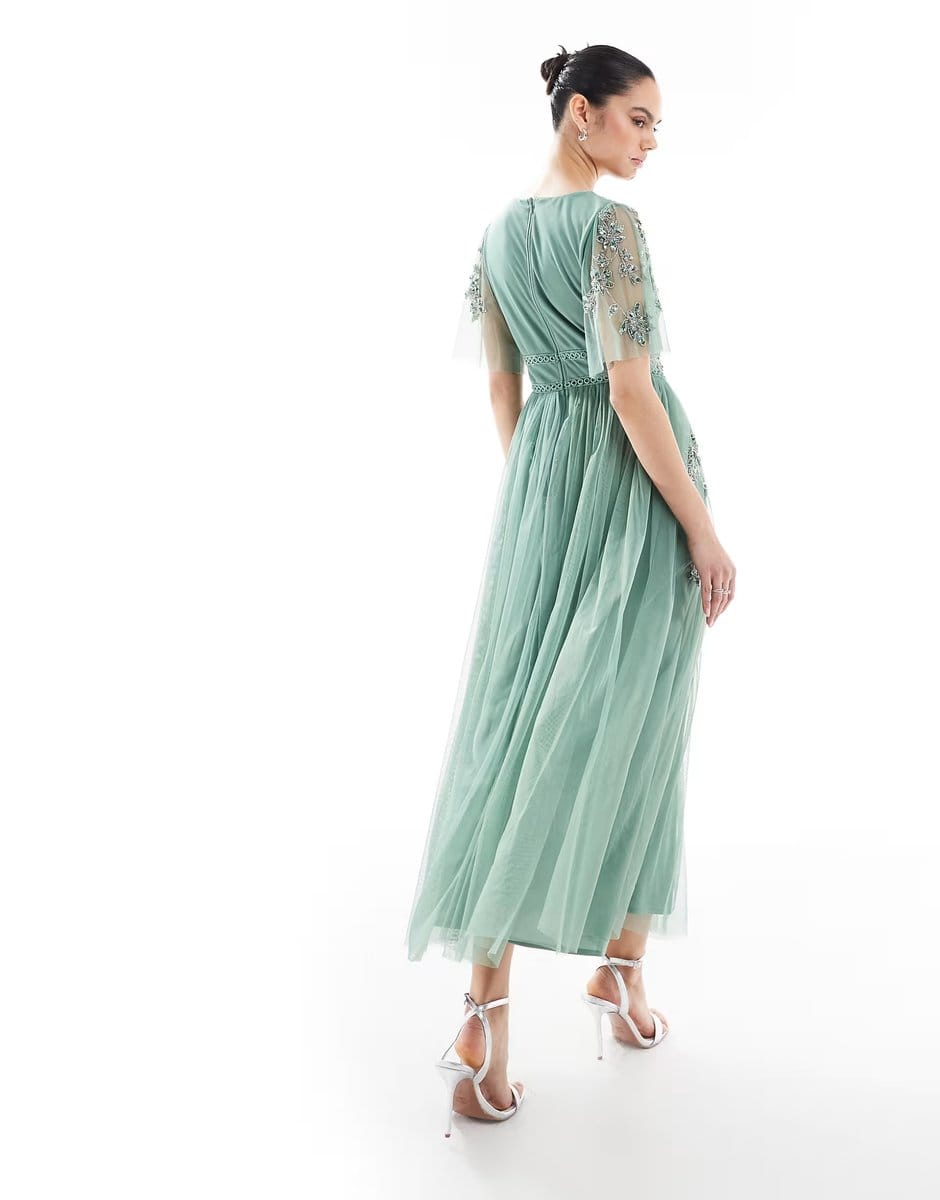 ASOS Maya Embellished short sleeve midi dress in dark sage - 4