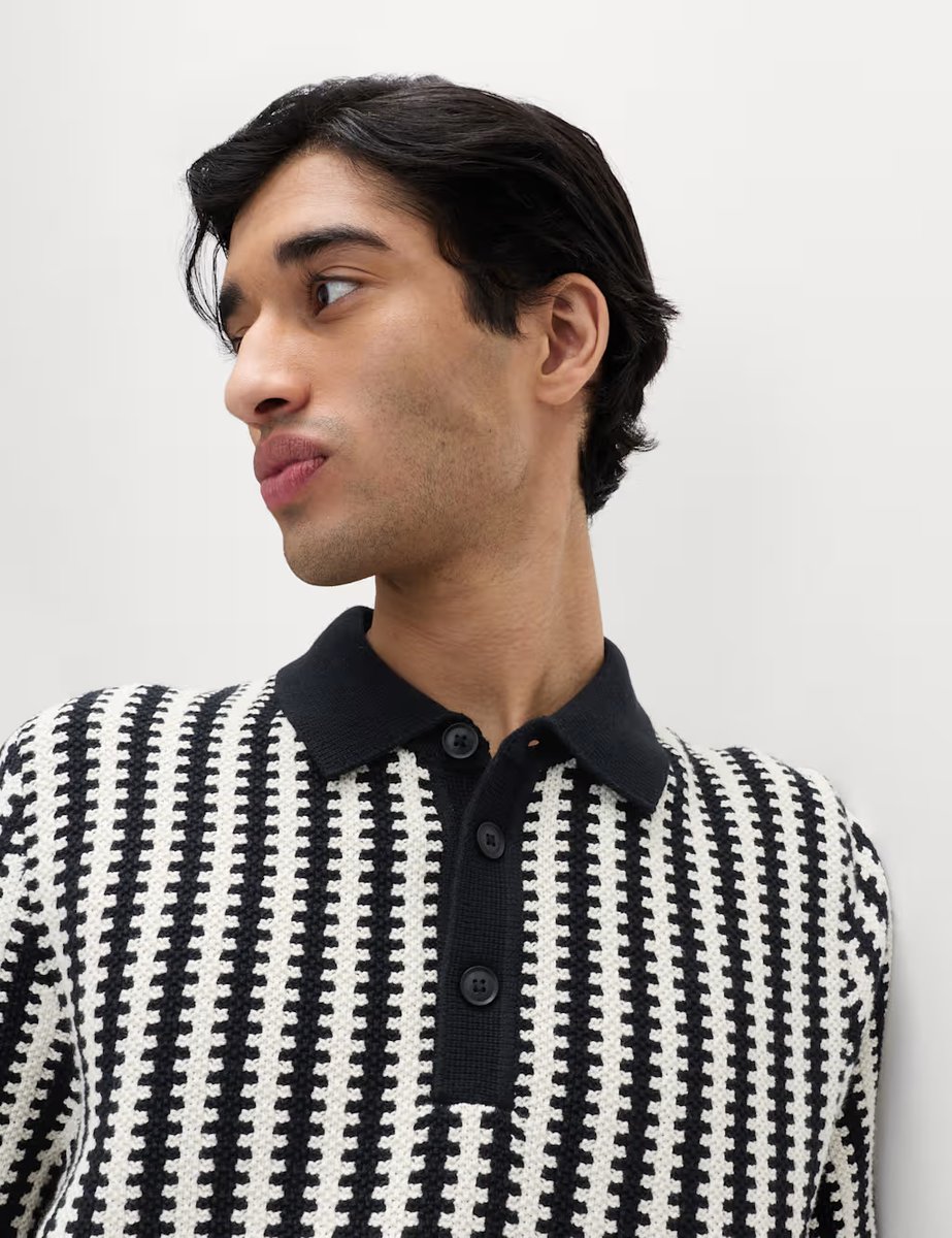 Marks & Spencer M&S Pure Cotton Textured Striped Knitted Polo Shirt Black Mix - 2