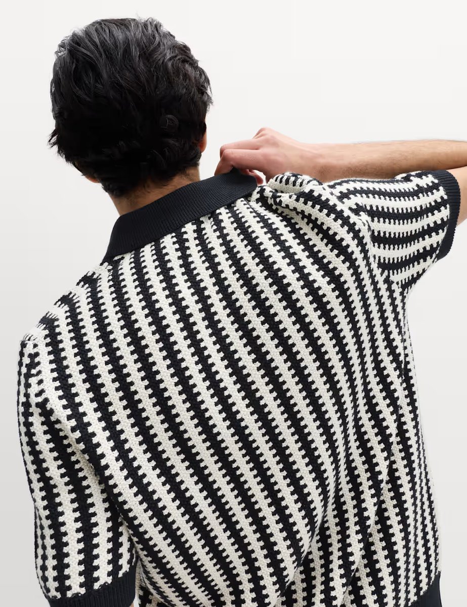 Marks & Spencer M&S Pure Cotton Textured Striped Knitted Polo Shirt Black Mix - 3