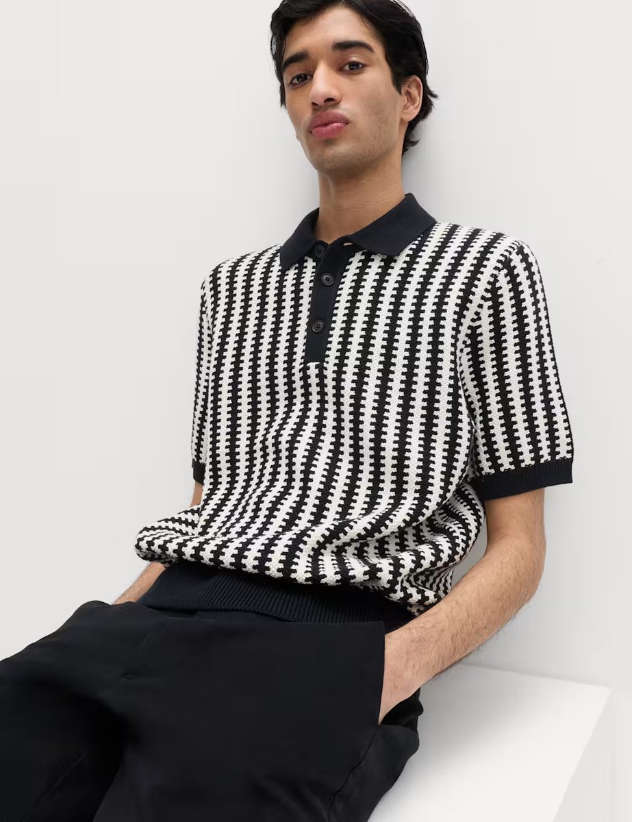 Marks & Spencer M&S Pure Cotton Textured Striped Knitted Polo Shirt Black Mix - 4