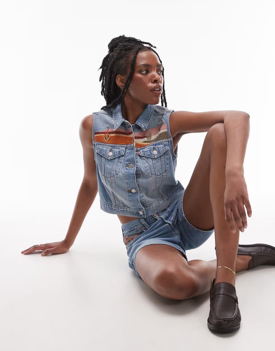 ASOS Levi's denim western desert embroided vest co-ord in light blue