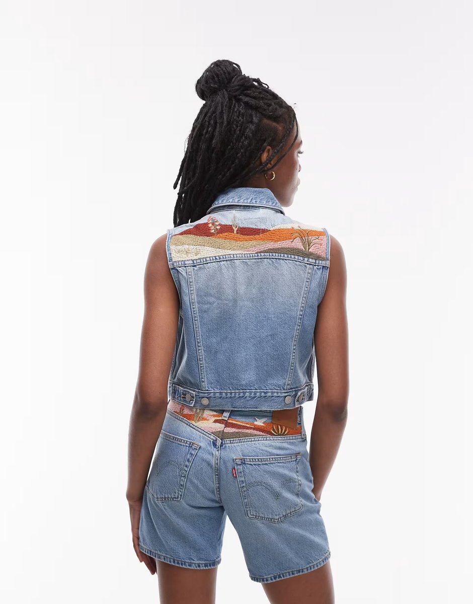 ASOS Levi's denim western desert embroided vest co-ord in light blue - 3