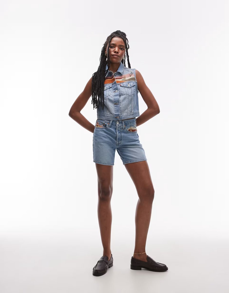 ASOS Levi's denim western desert embroided vest co-ord in light blue - 4
