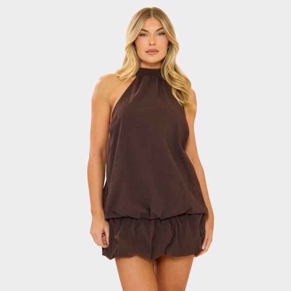 EGO High Neck Sleeveless Puffball Mini Dress In Chocolate Brown, Women's Size UK 6 - 1