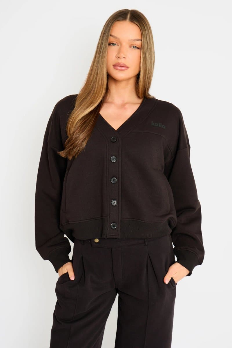 Kaiia Kaiia Logo Button Down Oversized Sweat Cardigan Black