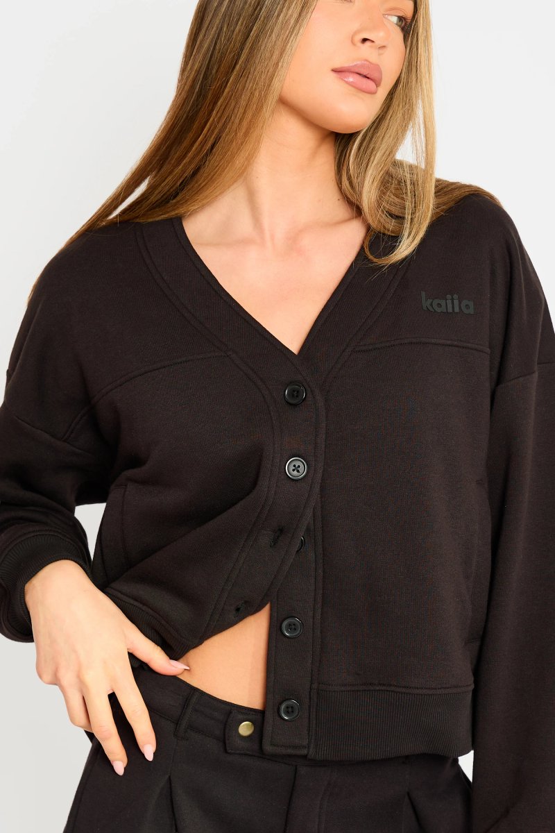 Kaiia Kaiia Logo Button Down Oversized Sweat Cardigan Black - 2