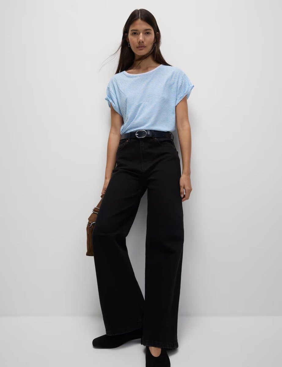 Marks & Spencer M&S Linen Blend Striped T-Shirt Blue Mix