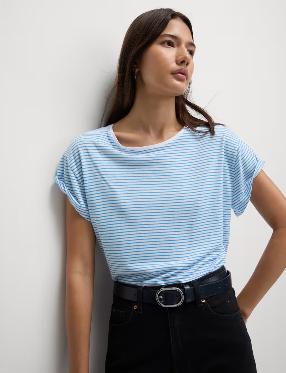 Marks & Spencer M&S Linen Blend Striped T-Shirt Blue Mix - 2