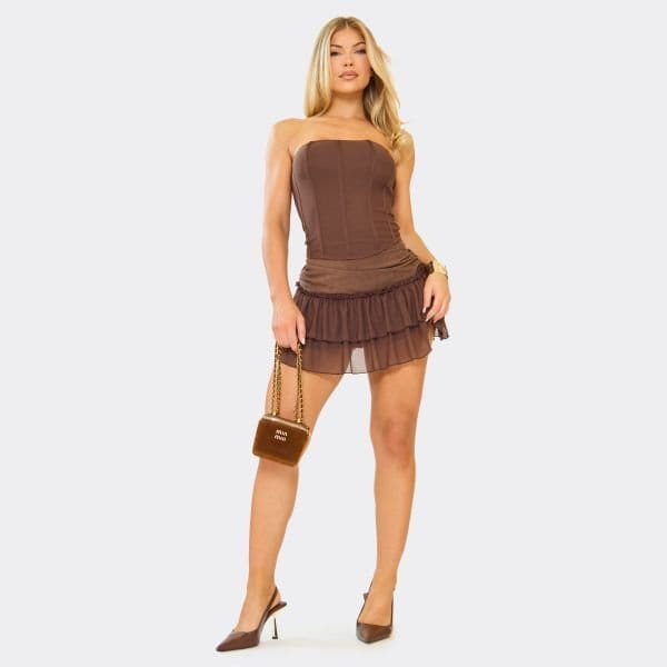 EGO Contrast Waist Frill Detail Mini Skirt In Chocolate Brown, Women's Size UK 6 - 1