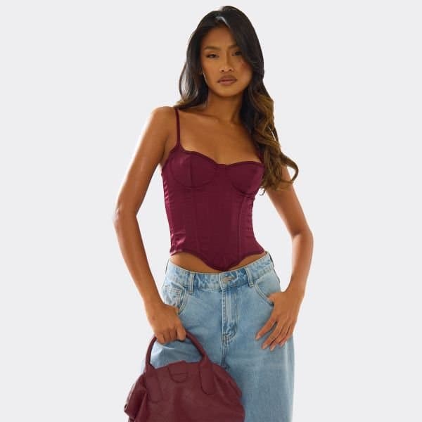 EGO Strappy Tie Lace Back Corset Top In Plum Satin, Women's Size UK 12