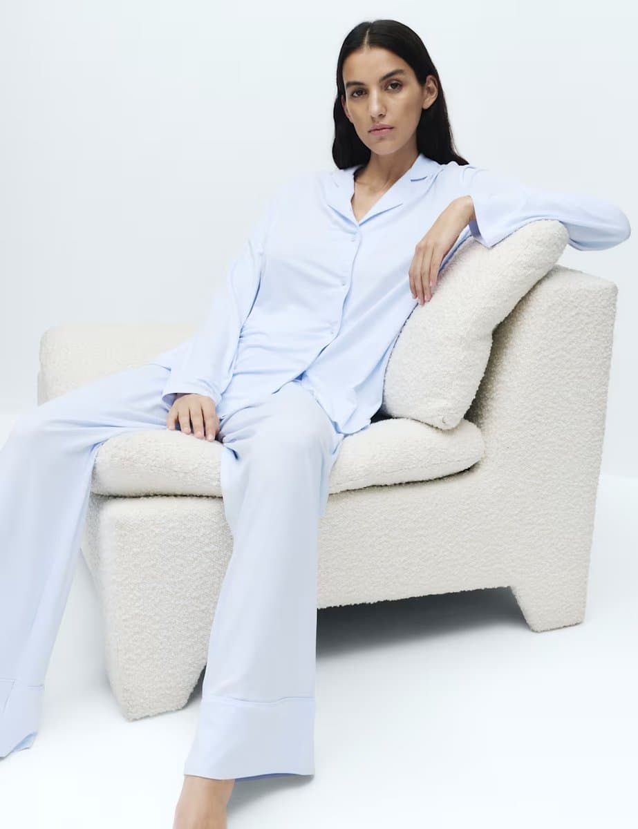 Marks & Spencer M&S Soft Touch Printed Revere Pyjama Set Light Blue