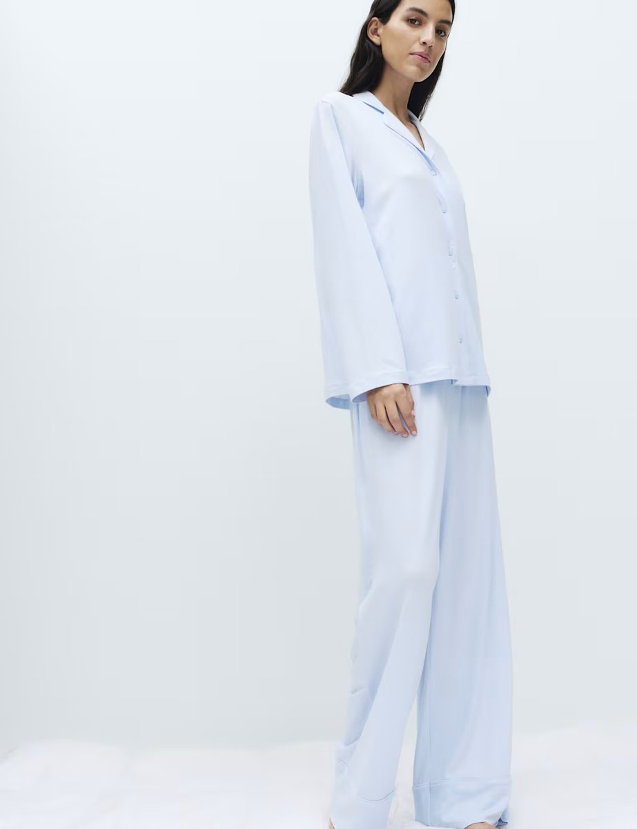 Marks & Spencer M&S Soft Touch Printed Revere Pyjama Set Light Blue - 3