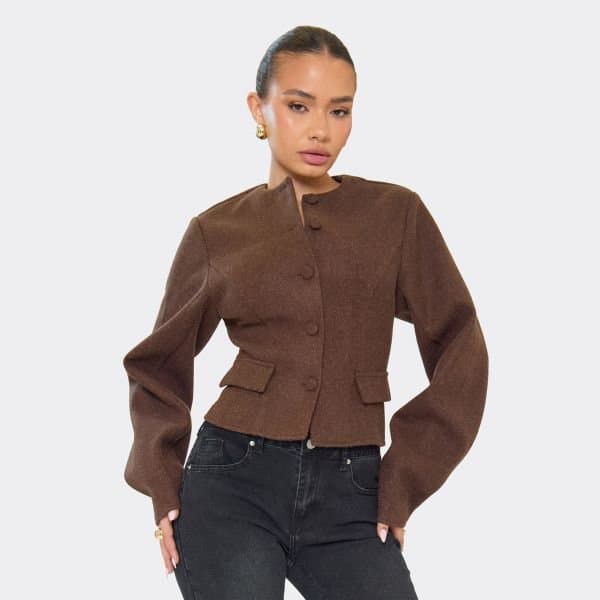 EGO Crew Neck Button Front Wool Look Cinched Blazer In Chocolate Brown, Women's Size UK 6