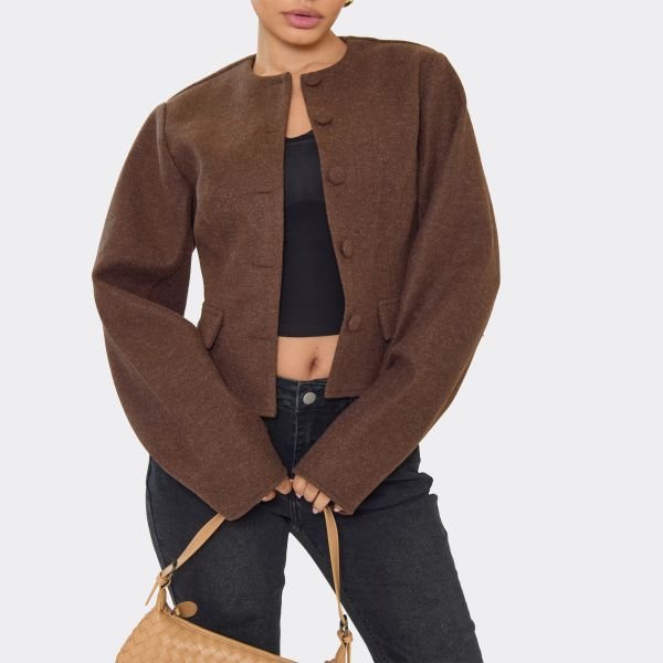 EGO Crew Neck Button Front Wool Look Cinched Blazer In Chocolate Brown, Women's Size UK 6 - 2