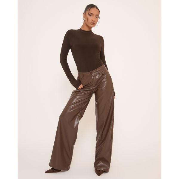 EGO Mid Rise Straight Leg Trousers In Brown Faux Leather, Women's Size UK 4 - 2
