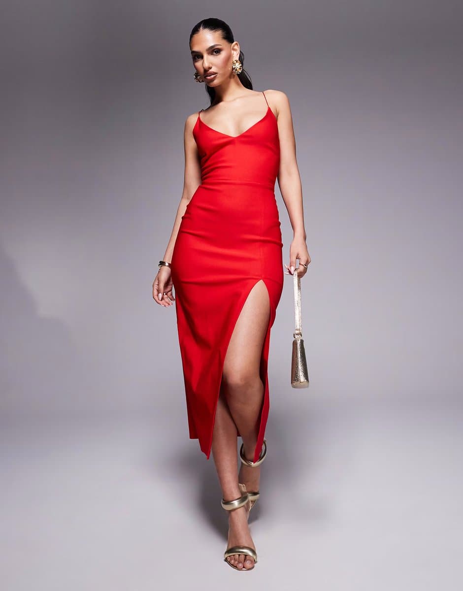 ASOS Vesper Cami strap midaxi dress with thigh split in red