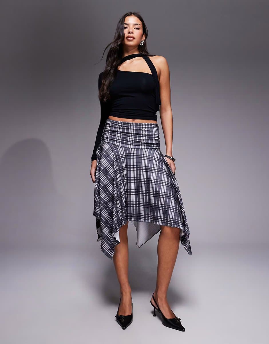 ASOS ASOS Scholar Ruche Midi Skirt in Grey Check