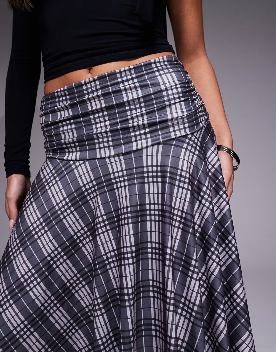 ASOS Princess Polly Scholar ruched waist asymmetric hem midi skirt in grey check - 4