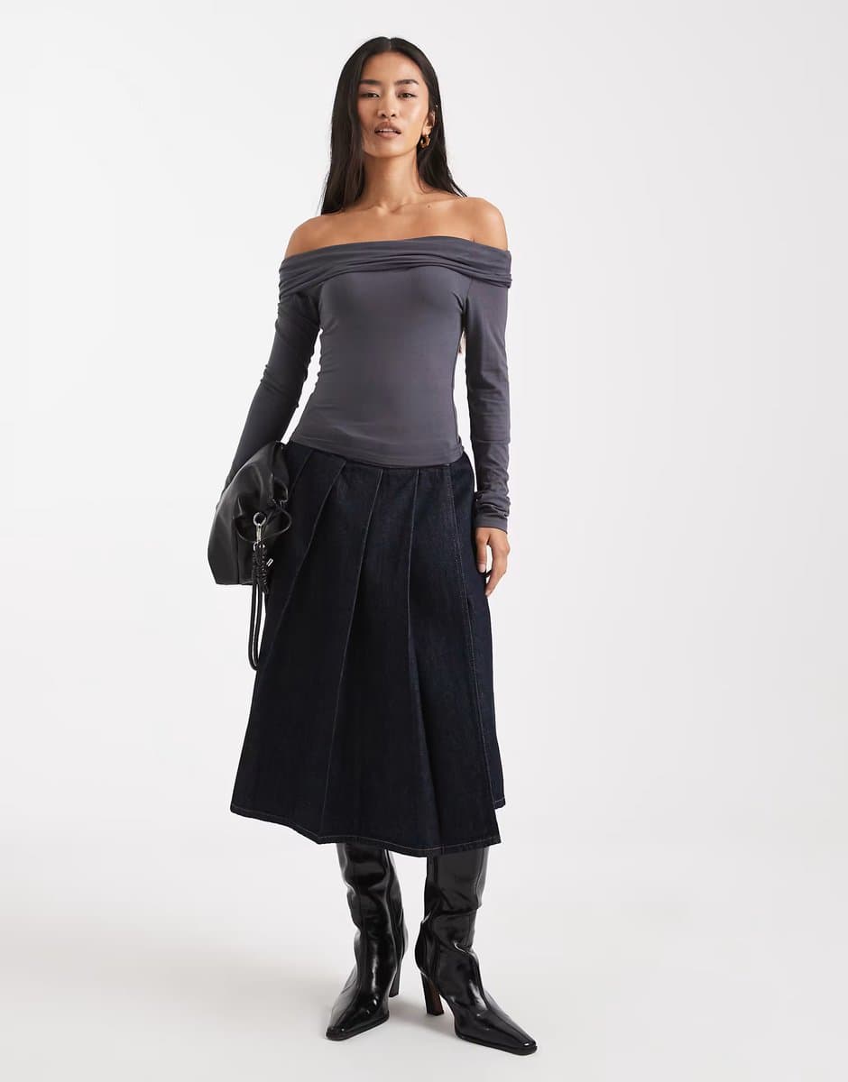 ASOS ASOS DESIGN pleated midi denim skirt in indigo