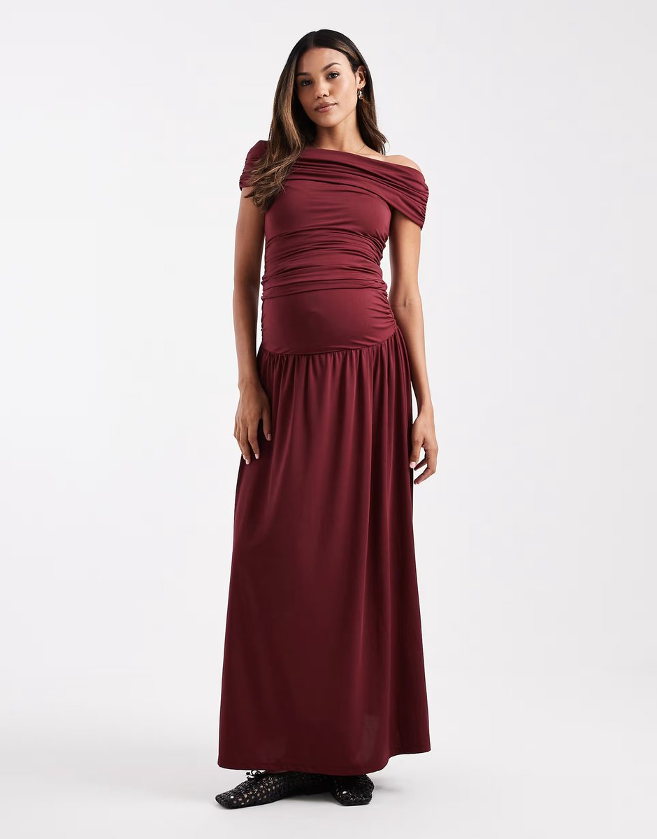 ASOS ASOS DESIGN Maternity co-ord ruched bardot top in burgundy - 2