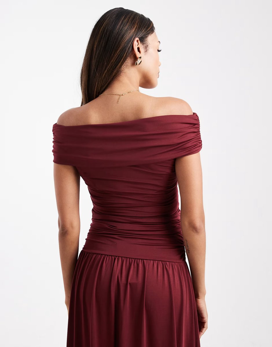 ASOS ASOS DESIGN Maternity co-ord ruched bardot top in burgundy - 3