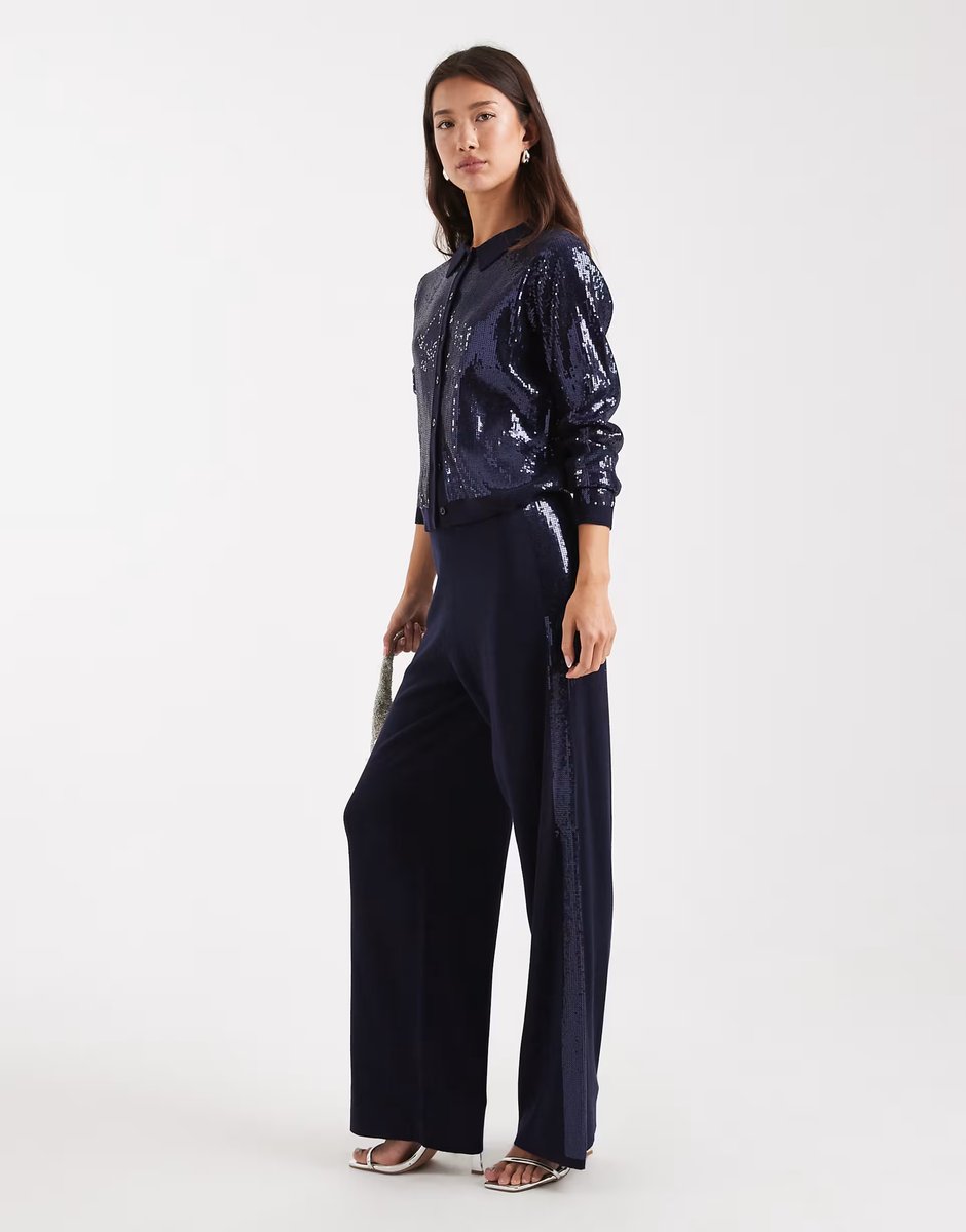 ASOS French Connection sequin panel wide leg trousers co-ord in navy - 3