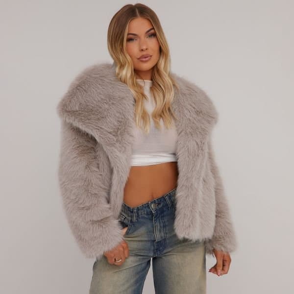 EGO Oversized Collar Detail Cropped Jacket In Mink Faux Fur, Women's Size UK 4