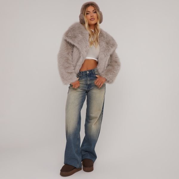 EGO Oversized Collar Detail Cropped Jacket In Mink Faux Fur, Women's Size UK 4 - 2