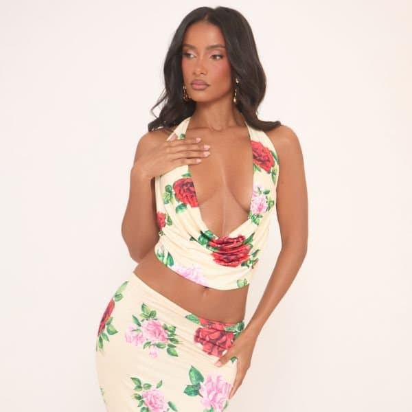 EGO Cowl Halterneck Top In Lemon Floral Print, Women's Size UK 10