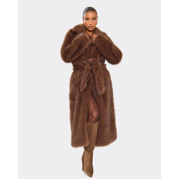 EGO Long Sleeve Tie Waist Detail Collared Maxi Coat In Brown Faux Fur, Women's Size UK 6 - 2