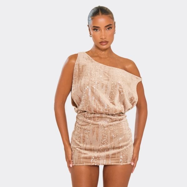 EGO One Shoulder Drape Detail Mini Dress In Beige Sequin Velour, Women's Size UK 8 - 1