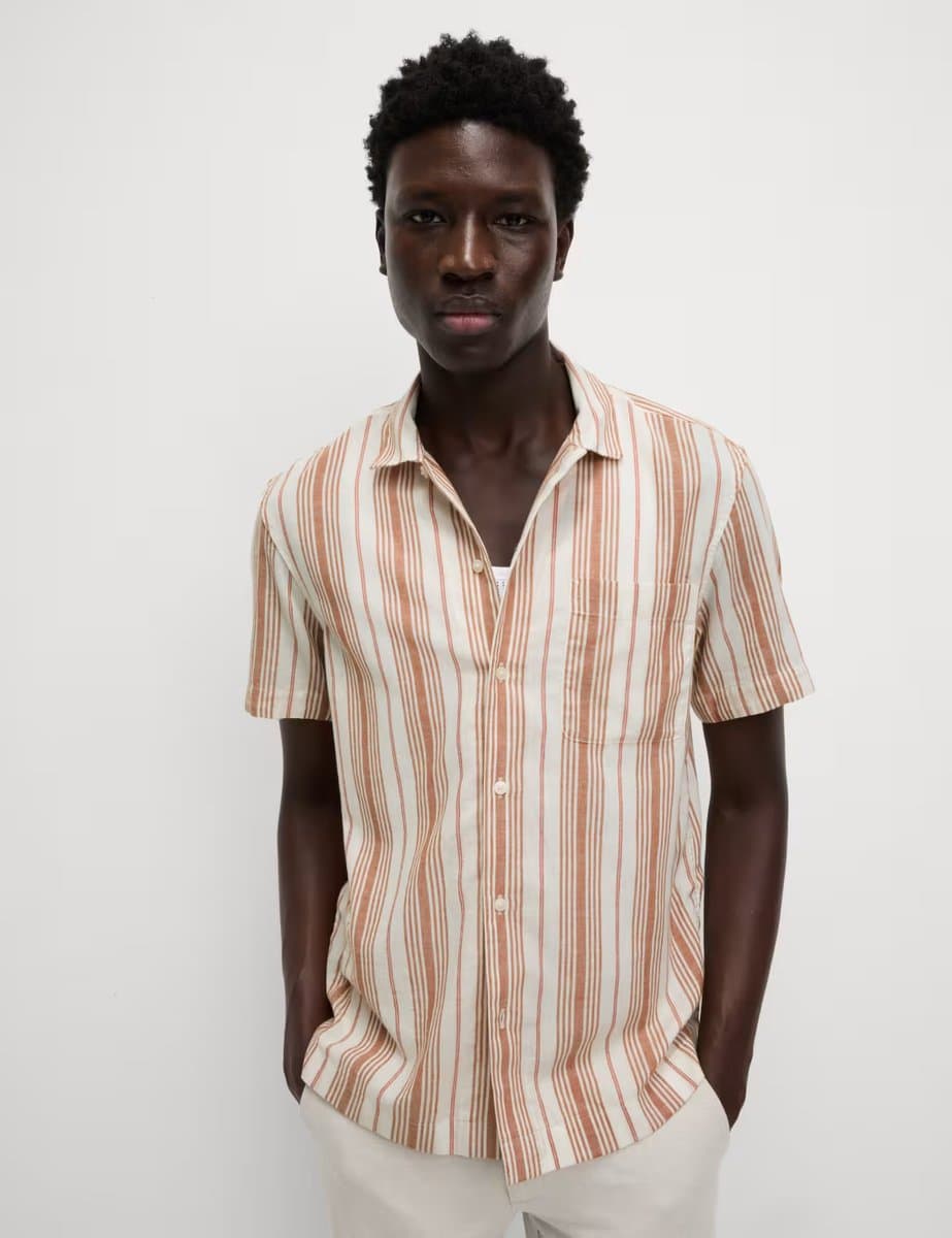 Marks & Spencer M&S Easy Iron Pure Cotton Striped Shirt Coral Mix