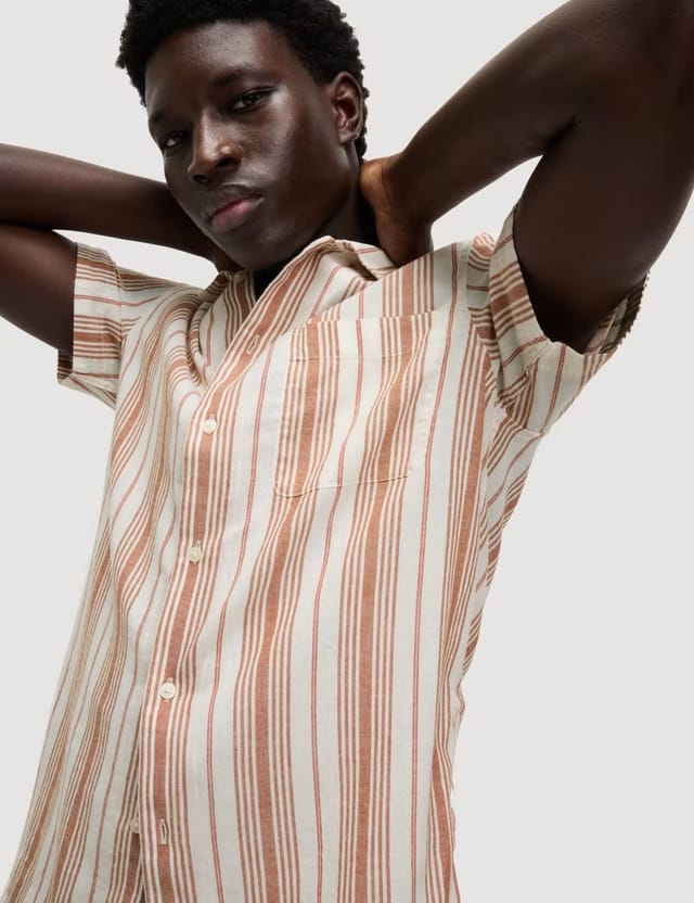 Marks & Spencer M&S Easy Iron Pure Cotton Striped Shirt Coral Mix - 3