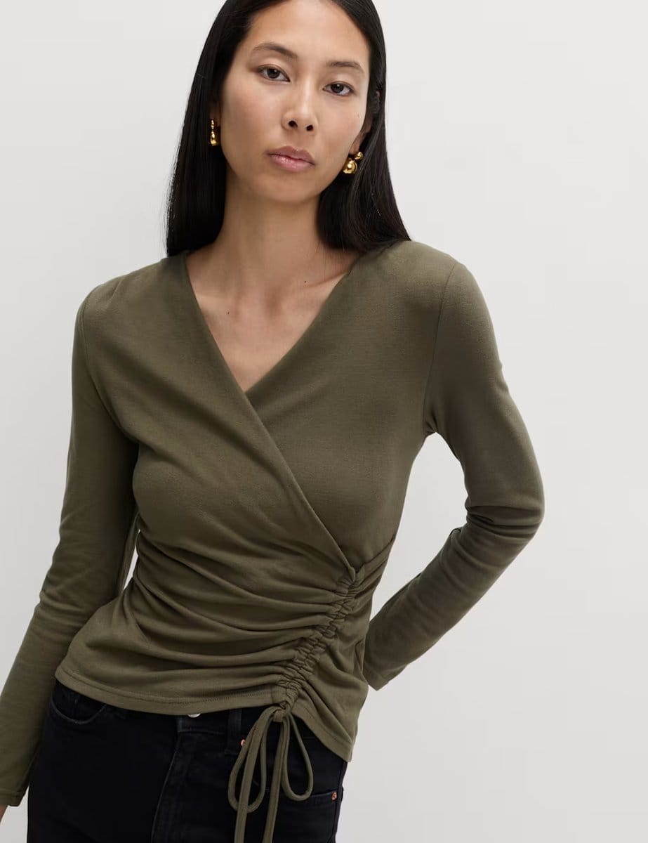 Marks & Spencer M&S Cosy Ruched Front Top with Stretch Moss - 1